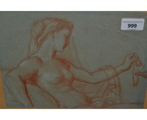 Pre-Raphaelite style sanguine drawing, study of a female nude extinguishing an oil lamp, 8ins x 11ins 