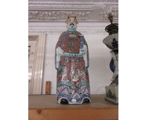 Large 20th Century Chinese terracotta figure of a man holding a scepter in dragon decorated robes, signed with seal mark to b