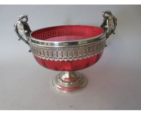 W.M.F. silver plated and ruby glass fruit bowl with swan handles 