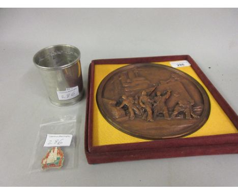 Cased resin plaque, an American University of London beaker and an enamel badge (from the Harold Wilson Sale) 