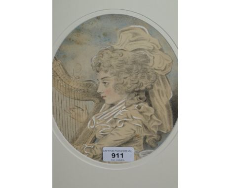 19th Century pencil and watercolour sketch of Miss Caroline Campbell playing a harp, oval mounted, bearing label verso inscri