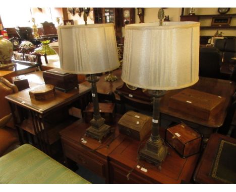 Pair of 20th Century French Empire style patinated metal table lamp bases with tapering columns and square platform bases, ra