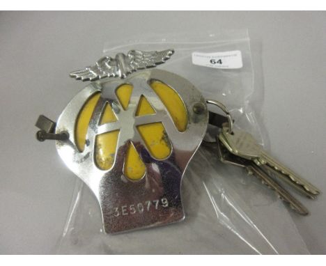 A.A. chrome and yellow enamel car badge with three keys 