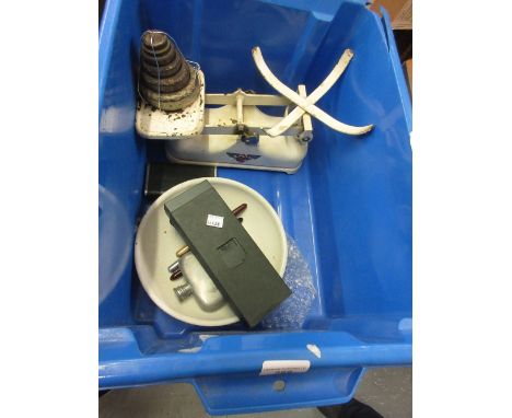 Cased gold plated Cross fountain pen, three various Parker pens, two hip flasks and a pair of white painted kitchen scales wi