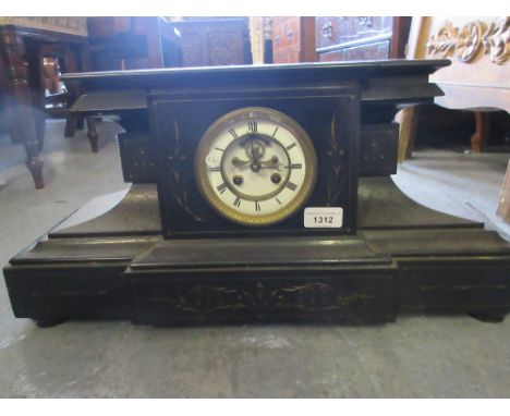 Large 19th Century black slate mantel clock, the circular enamel dial with Roman numerals, the two train movement with visibl