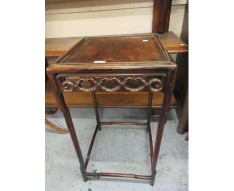 19th Century Chinese hardwood square lamp table, the moulded top above a pierced frieze and shaped supports with stretchersLo
