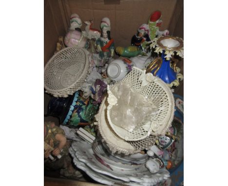 Box containing a quantity of partially restored porcelain including figures, lattice work plates, two handled vase etc. 