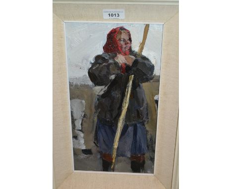 Mikhail Kuznetsov, Russian school oil on card, portrait of a young lady holding a staff, signed verso in cyrillic (with trans