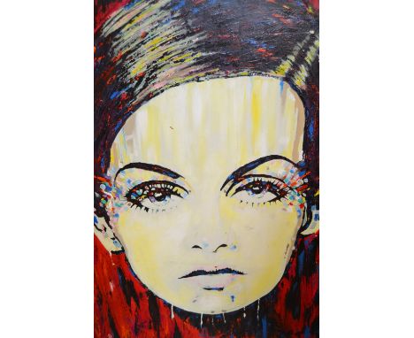 Large acrylic on canvas, portrait of ' Twiggy ', unsigned, 44ins x 32.5ins, unframed 