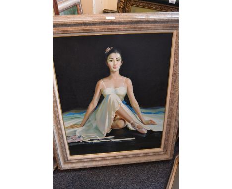 R. McCann, oil on canvas, portrait of a seated ballet dancer, 30ins x 24ins, in a painted frame together with another similar