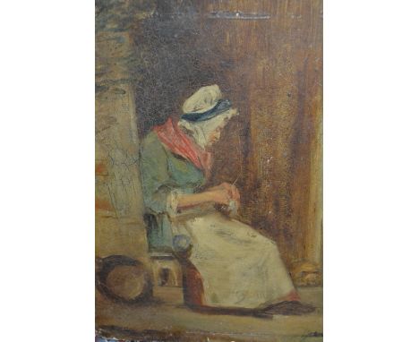 Attributed to John Phillip R.A., oil on board, portrait of a lady seated outside a cottage, 9ins x 7ins, unframed 