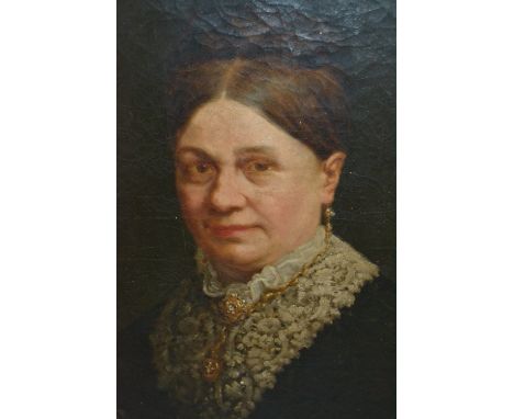 19th Century oval oil painting on canvas, head and shoulder portrait of a lady wearing a lace collar, unframed 