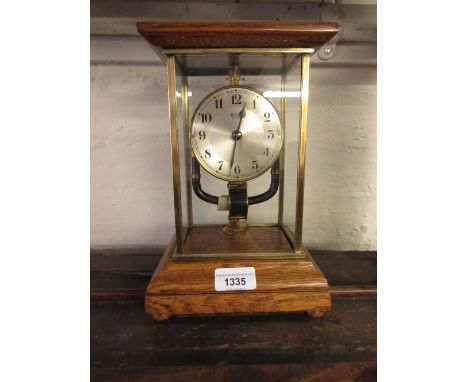 Bulle electric four glass mantel clock with oak top and plinth, 10.5ins high, 6.25ins wide, 5ins deep 