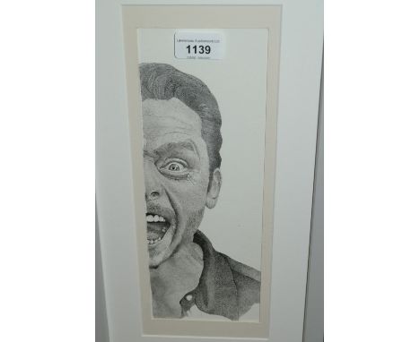 Rachel Laving Taylor, Pointillist head and shoulder portrait, ' The Screaming Simon Pegg', framed, 11ins x 4ins 