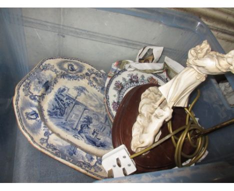 19th Century blue and white transfer printed meat plate, together with other miscellaneous similar plates and a composition t