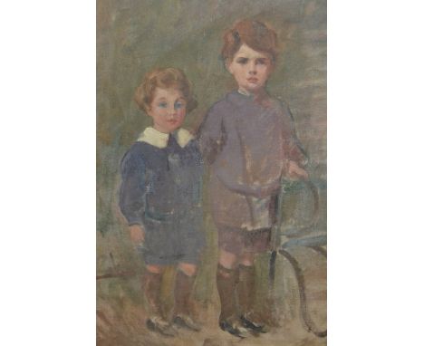 Unframed oil on canvas, portrait of two children, Harry J. Pearson, studio sale stamp verso, 20ins x 16ins 