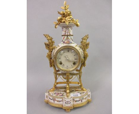Reproduction French gilt brass and porcelain two train mantel clock 