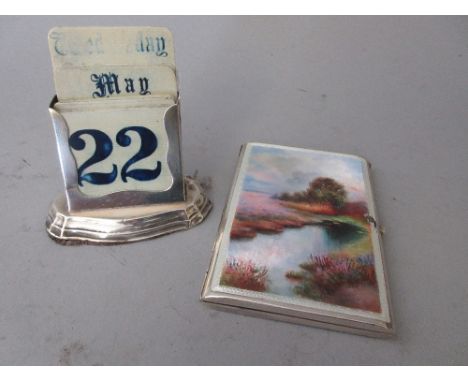 Rectangular London silver cigarette case, the cover enamel decorated with a landscape (at fault), together with a silver desk
