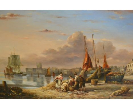 20th Century oil on canvas, harbour scene with fisherfolk to the foreground, gilt framed, a mid 20th Century, oil on canvas, 