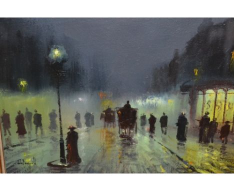 John Bampfield, 20th Century oil on canvas, various figures, horses and carts in a lamp lit street scene, signed, gilt framed