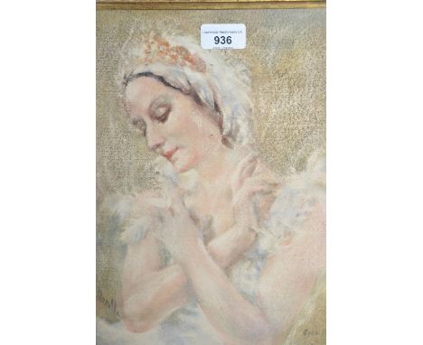 Watercolour portrait of Anna Pavlova, in a carved and gilded Florentine design frame, 14ins x 10ins 