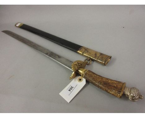 Antique hunting sword with steel blade and later stag horn grip and white metal pommel 