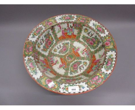 Large Canton enamel bowl decorated with panels of figures in interiors and floral and bird decorated panels, 5ins high, 16ins