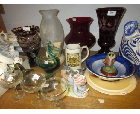 Red overlaid glass vase, three Babycham glasses, ruby glass vase and other ceramics and glassware 