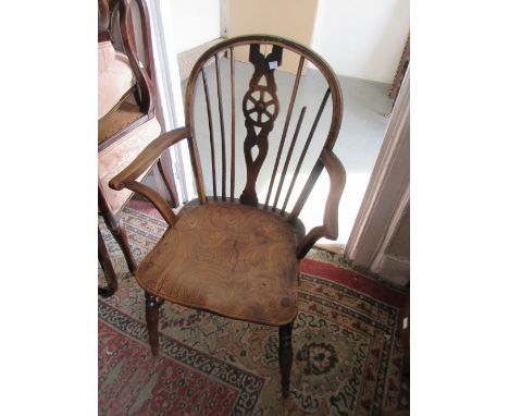 Set of six (four plus two) late 19th Century Windsor stick and wheel back kitchen open arm chairs (at fault) 