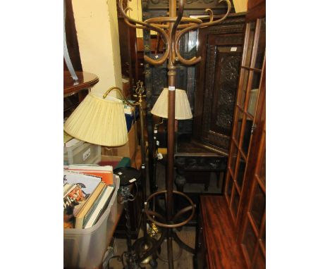 20th Century bentwood hat and coat stand, oak bachelor's suit stand and a modern standard lamp with pleated shade 