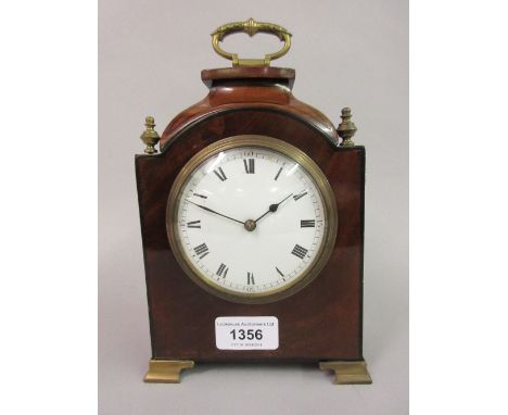 Small Edwardian mahogany black line inlaid mantel clock, the enamel dial with Roman and Arabic numerals 