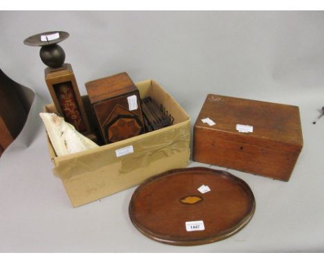 Small mahogany and inlaid oval drinks tray, a 19th Century wooden money box, an oak box, conch shell lamp, a giltwood candle 