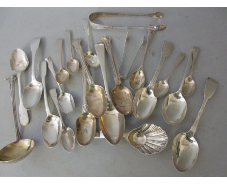 Sheffield silver Shell pattern caddy spoon, pair of silver bright cut sugar tongs and miscellaneous other silver spoons 