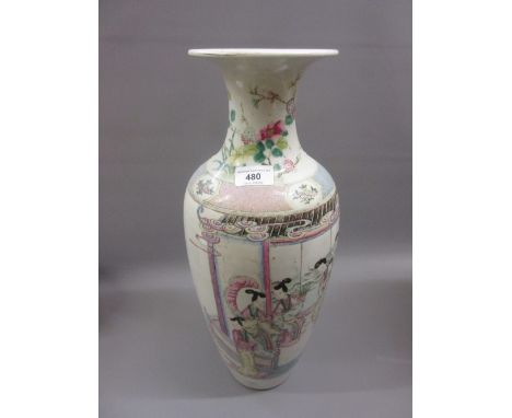 Chinese baluster form vase decorated with figures in a garden (hairline crack and drilled for a table lamp), 18ins high 