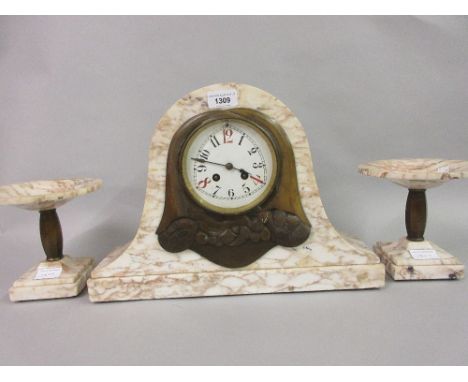 Art Deco beige flecked marble and gilt metal mounted three piece clock garniture, the enamel dial with red and black Arabic n