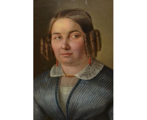 19th Century Continental oil on canvas, head and shoulder portrait of a lady wearing coral drop earrings, 24ins x 19.5ins hou