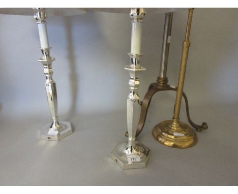 Pair of silver plated hexagonal table lamp bases with cream shades, brass adjustable table lamp base and a brass and steel ad