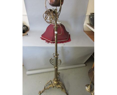 Art Nouveau brass adjustable column, standard lamp with a copper well (converted to electricity), and a burgundy shade 