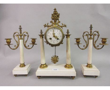 19th Century French white marble and ormolu three piece clock garniture, the clock with enamel floral painted dial and Arabic