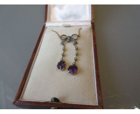 Yellow and white metal diamond, amethyst and split pearl bow form necklace with pendant drops in Edwardian style 