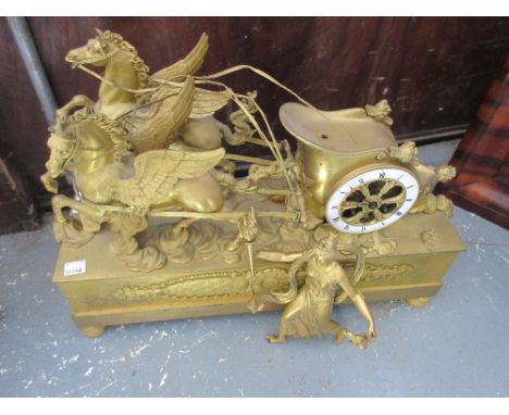 19th Century French ormolu chariot clock with figure surmount and drawn by two winged horses, the circular enamel dial with R