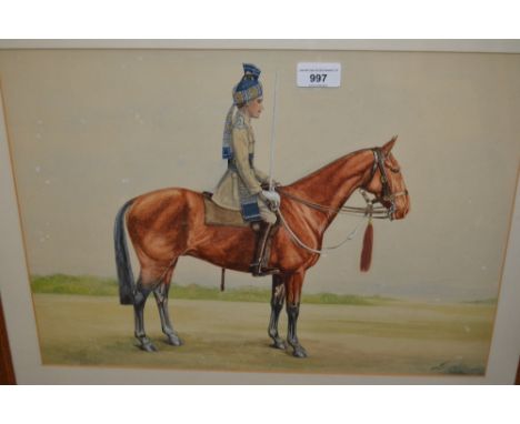 Indian school watercolour and body colour, portrait of a cavalry officer on horseback, inscribed verso ' At Rawalpindi ', 13i