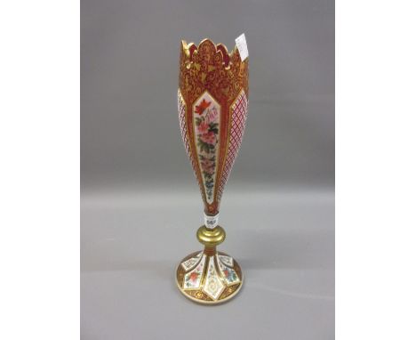 19th Century Bohemian white overlaid ruby glass vase with floral painted and gilded decoration (restored), 13ins highThis has