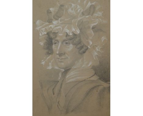 19th Century pencil and white highlighted head and shoulder portrait of a lady in a bonnet, indistinctly monogrammed, rosewoo