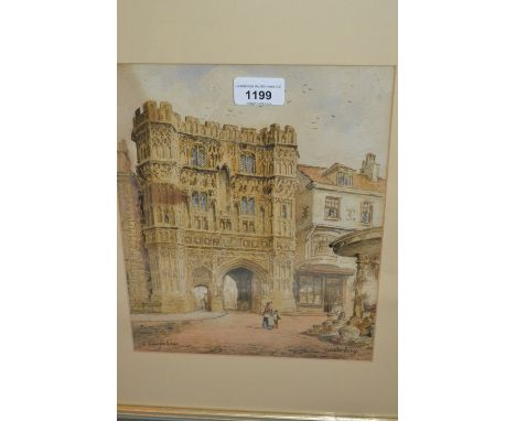 T. Cowlishaw, 19th Century watercolour, Canterbury Cathedral gate with figures in the street, signed, 10.5ins x 8.5ins and a 