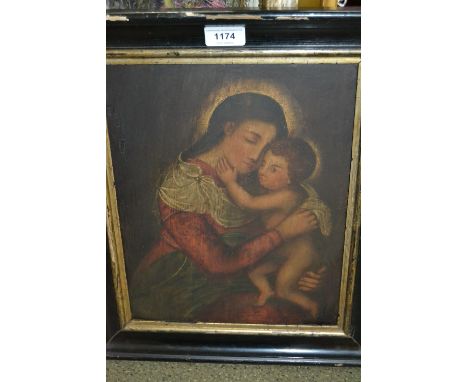 18th / 19th Century oil on oak panel, portrait of the Madonna and Child, 13ins x 10insQuite dark and dirty with a few cracks,