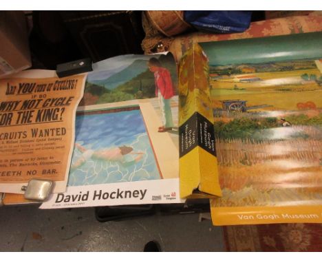 Unframed David Hockney poster (creased), together with two other posters, one from Van Gogh Museum, Amsterdam 