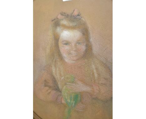 Large Continental oval pastel on card, portrait of a girl holding a parakeet, gilt framed 