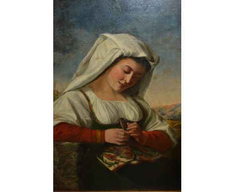 19th Century oil on canvas, portrait of an Italian girl with landscape beyond, 23ins x 20insIt is framed but in a modern gilt
