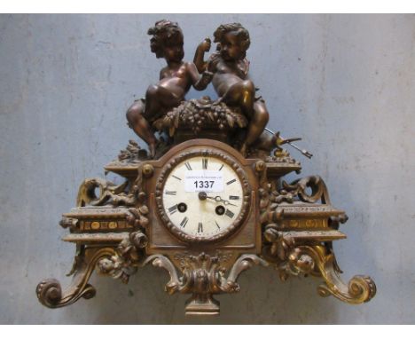 19th Century French gilded spelter figural two train mantel clock (at fault) 